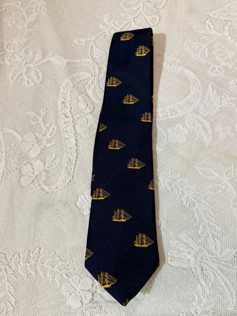 VTG Yacht Navy Blue Men's Tie with Gold Ship Motif